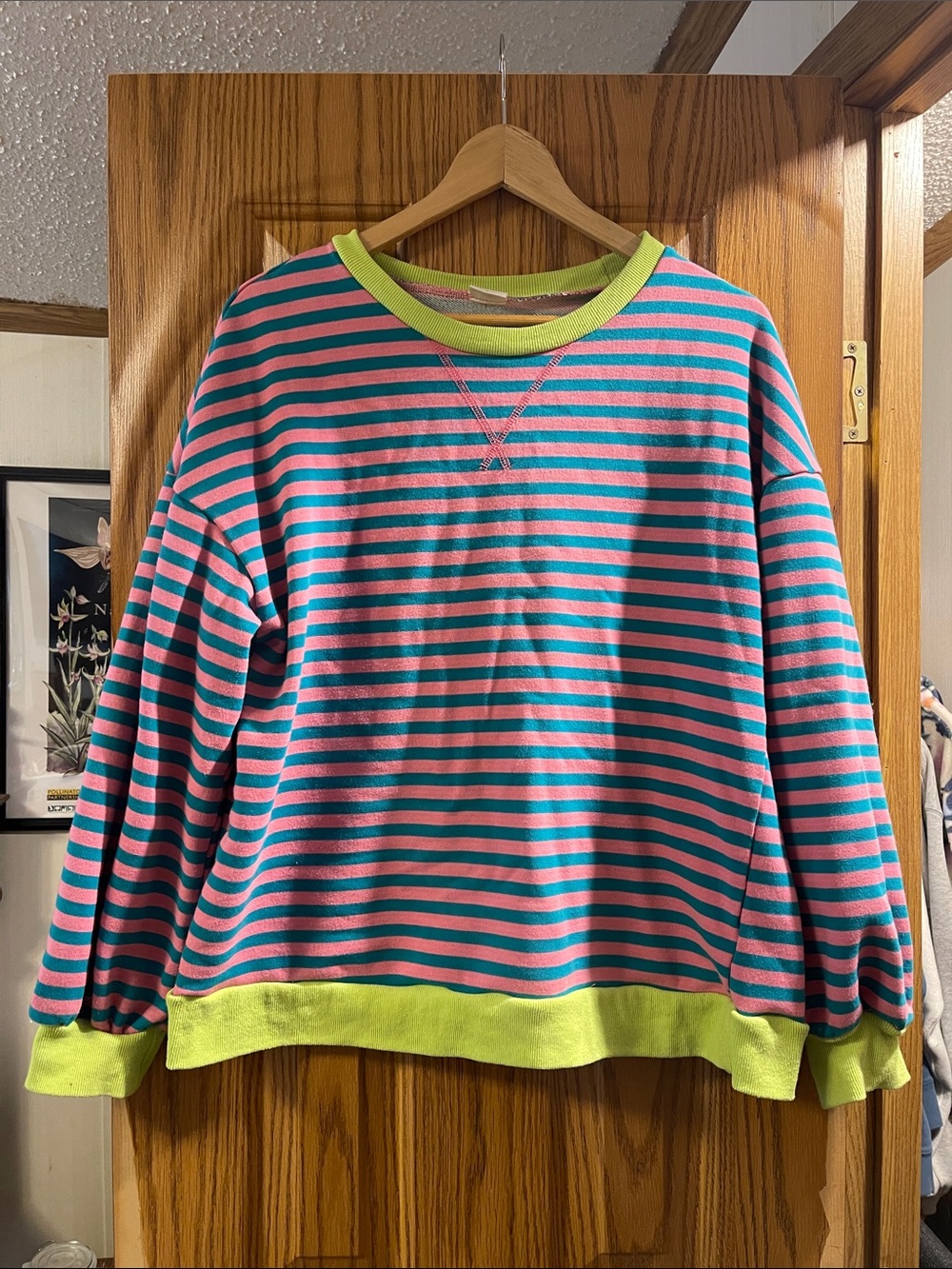 Striped Crewneck Pullover Sweater in Pink & Teal with Lime Trim